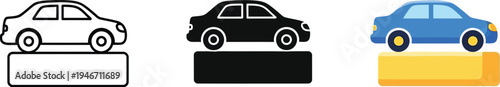 Collection of sedan car display icons presented in three different styles