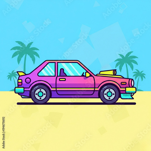 Vibrant retro style drag racer illustration parked near stylized palm trees on a sunny beach day