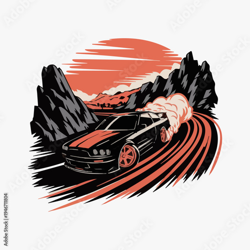 Dynamic illustration depicts a powerful muscle car executing a dramatic drift maneuver on a winding mountain road.