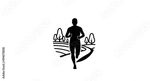 Silhouette of a runner on a winding path through trees.