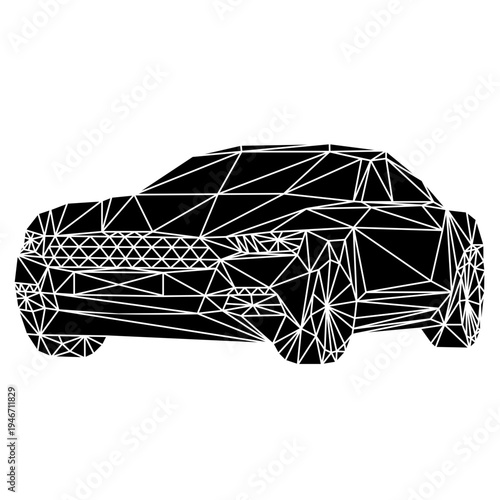 Black and white wireframe model of a modern sports sedan viewed from a slight side angle
