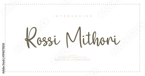 Rossi Mithori, Script alphabet letters font logo. Typography luxury classic lettering serif italic fonts decorative wedding vintage retro logos. vector illustration
