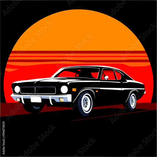 Vintage black muscle car cruises dramatically against a fiery pixelated sunset landscape in retro style