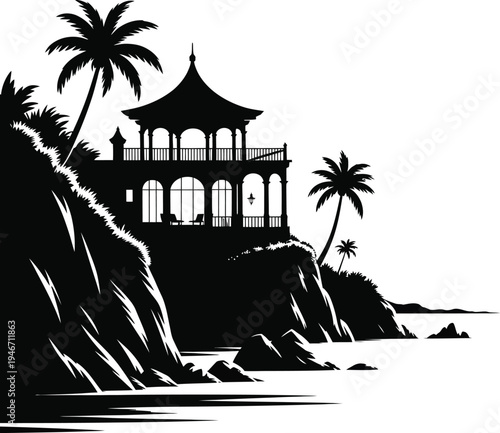 Black and white tropical island resort with pagoda style building and palm trees on rocky coastline