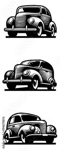 Vintage pixel art illustration of a classic sedan car from the early 20th century in black and white retro style.