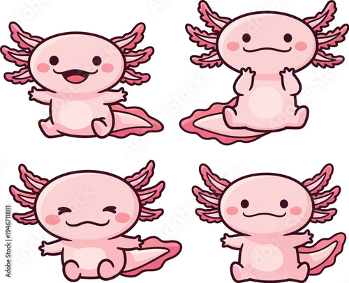 Cute pink axolotl collection cartoon illustration vector graphic set