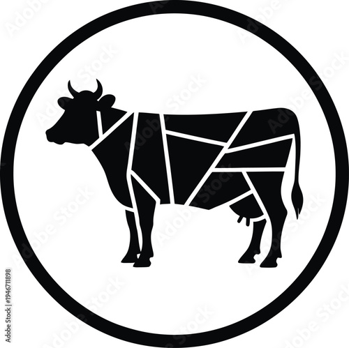 Black and white cow silhouette with cuts of beef labeled in a circle