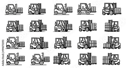 Collection of forklift truck icons in various poses and actions.