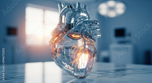 Metallic human heart sculpture with glowing vessels sits on a marble table in a sterile room