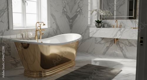 Luxurious gold bathtub in a marble bathroom with sunlight and delicate orchids