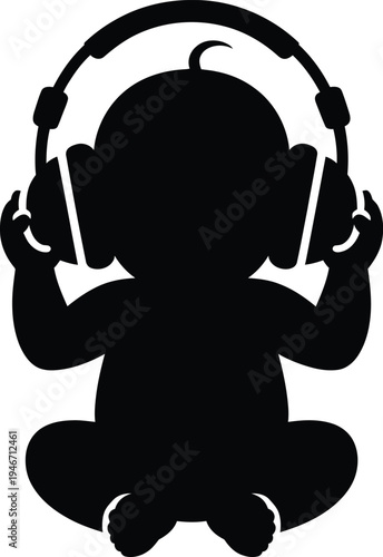 Black silhouette of a baby wearing headphones sitting in a meditative pose on a white background listening to music