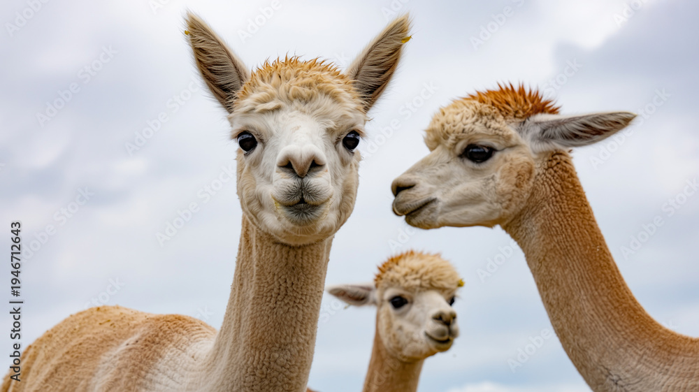 Fototapeta premium Three Cute Alpacas Close-up Portrait Outdoors