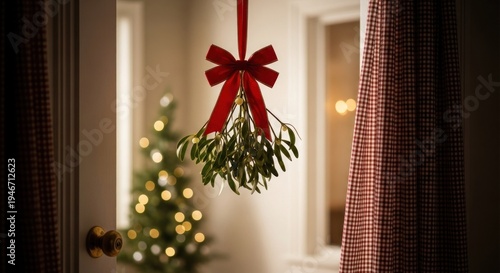 Mistletoe hangs from a doorway adorned with a red bow, lit tree visible