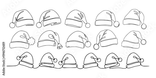 Santa hats in minimal line art on white background, representing festive holiday mood and cheerful seasonal spirit