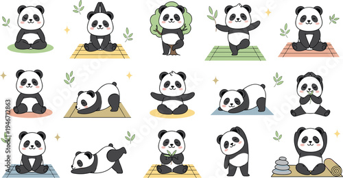 Cute panda cartoon character yoga set with different meditation poses, adorable bear mascot collection practicing fitness, mindfulness and relaxation for kids design illustrations