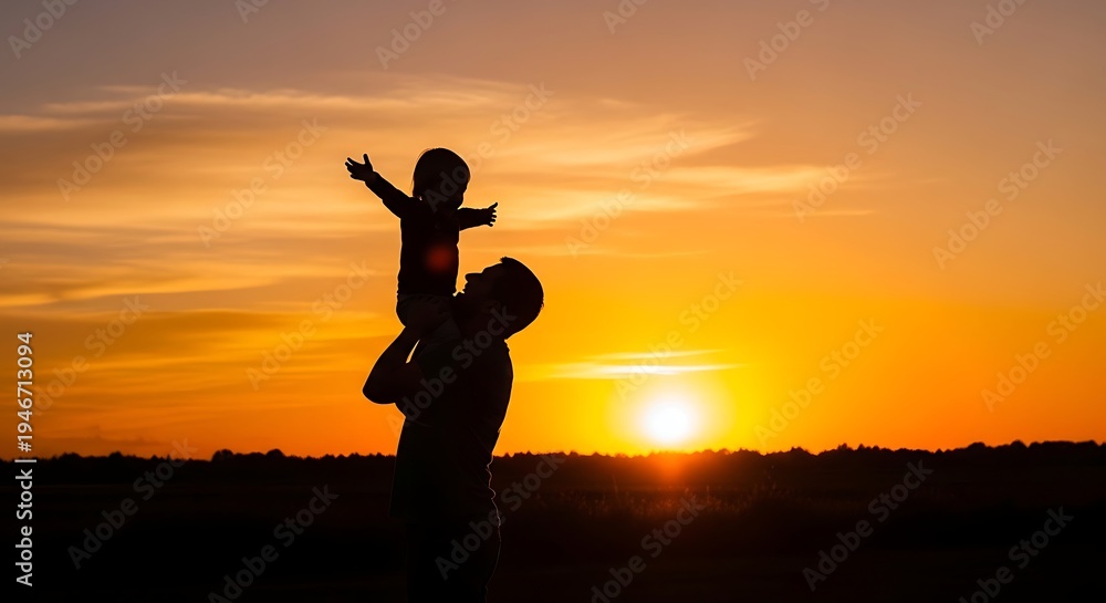 Fototapeta premium Silhouette of happy father lifting child at sunset, joyful family moment outdoors