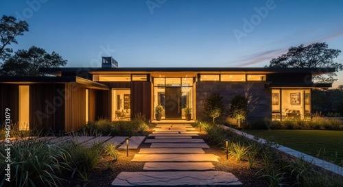 Modern luxury home exterior at dusk, pathway lit, multiple materials used, trees surround