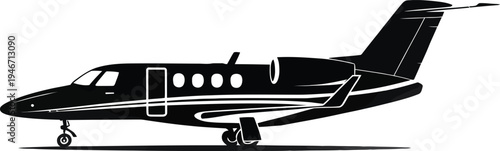Black and white illustration of a small private jet airplane with landing gear visible on a plain background for commercial or travel concepts