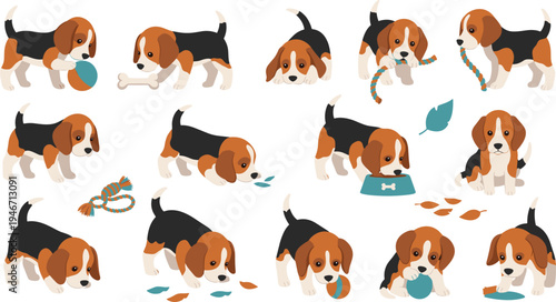 Cute beagle puppy cartoon character set playing with toys, bones and ball, adorable dog mascot collection with playful poses for kids design and pet illustrations