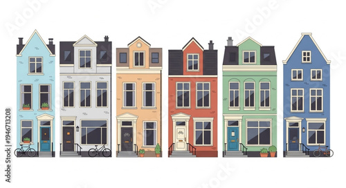 Row of Colorful Dutch Houses Facades Isolated on White Background.