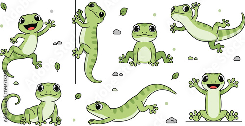 Cute cartoon gecko and lizard character set with different poses and emotions, playful reptile mascot collection for kids design, stickers, educational illustrations isolated background