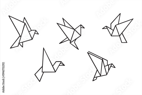 Origami crane bird outline icon collection with geometric folded paper bird symbols for Japanese culture graphics minimalist branding logos and decorative design elements