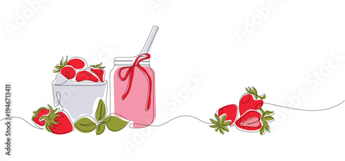 Continuous line drawing of a strawberry smoothie in a mason jar with fresh berries, minimalist color vector art, Editable stroke