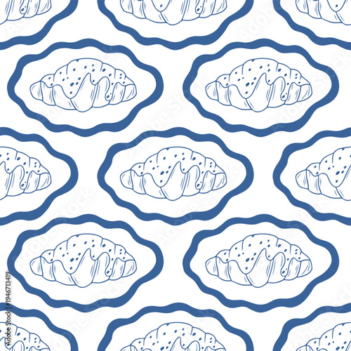 Minimalist seamless pattern with glazed french croissants and chocolate sprinkles in decorative frames or plates. Blue line hand drawn vector background on white. Elegant food ornament