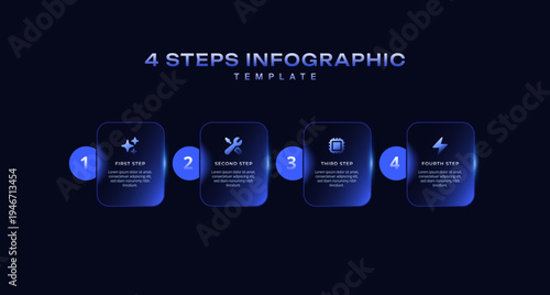 Dark Tech Infographic Template with Black Blue Gradient Liquid Glassmorphism, 4 Step Timeline Process Diagram with Icons, Business Vector for Presentation, Workflow Layout, Banner, Flowchart, Data