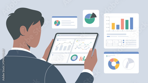 A businessman analyzing data on a tablet with various graphs and charts displayed around him.