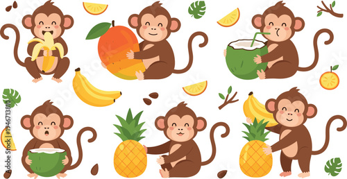 Cute cartoon monkey character collection holding tropical fruits like banana, coconut, pineapple and mango, playful jungle animal mascot vector illustration set isolated on light background