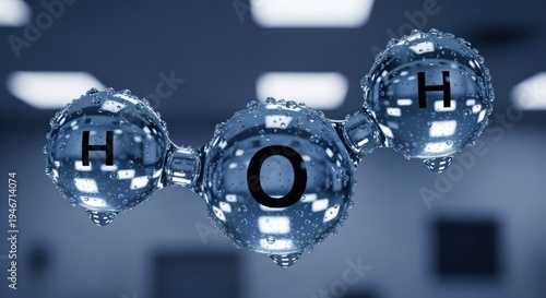 Molecular model of water, featuring a central oxygen atom bonded to two hydrogen atoms