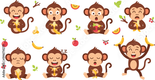 Cute cartoon monkey character set eating banana with different emotions and poses, playful jungle animal mascot vector illustration collection isolated on light background