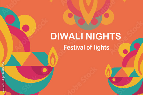 Vibrant Abstract Indian Diwali Celebration Graphic Design With Symmetrical Diya Lamps And Flat Vector Art Style,  illustration EPS