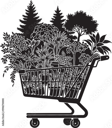 Shopping cart filled with diverse green plants and trees, representing eco-friendly shopping, gardening, and sustainable living choices