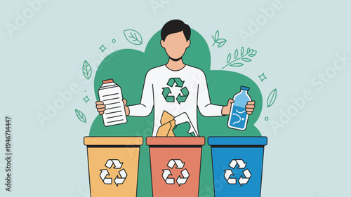 A cartoon man sorting recyclable materials into colorful recycling bins with a green recycling symbol on his shirt.