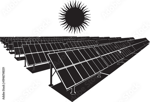 Solar panel farm field under stylized sun for renewable energy and sustainable technology concept in modern black silhouette vector illustration