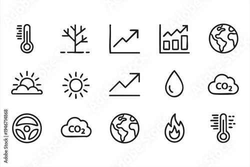 Climate change and global warming line icon set featuring temperature thermometer CO2 emissions earth drought fire sun water and environmental sustainability indicators