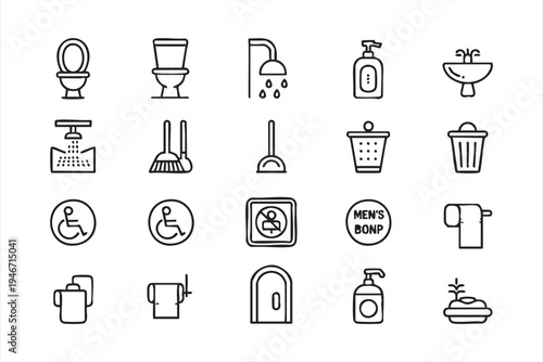 Restroom bathroom hygiene line icons featuring toilet shower sink soap trash cleaning tools accessibility symbols and sanitary equipment for public facilities