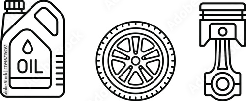 Collection of automotive service icons featuring a jug of oil, a car wheel, and a piston. 