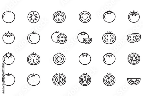 Fresh tomato vegetable icon collection featuring whole tomato slice cross section and wedge shapes for grocery produce branding restaurant menus and food graphics