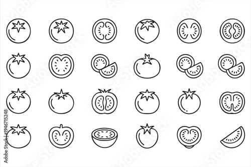 Tomato produce line icons with whole tomato slices cross section and wedges for healthy food graphics grocery packaging restaurant menus and farm produce branding