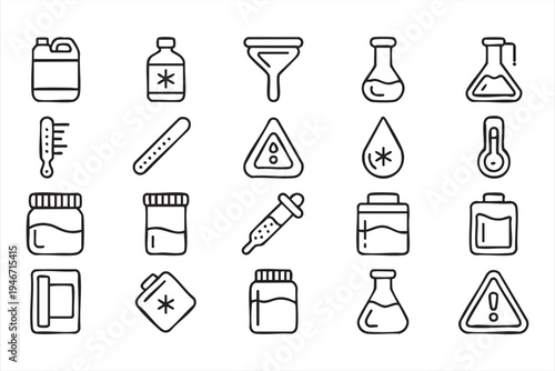 Scientific laboratory icon pack with chemistry flask beaker test tube thermometer droplet pipette funnel and reagent bottle symbols for research graphics