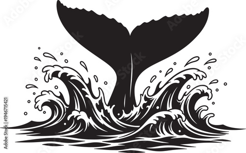 Dynamic whale tail emerging from ocean waves, capturing marine life, sea, ocean, water splash, power, freedom, and aquatic movement