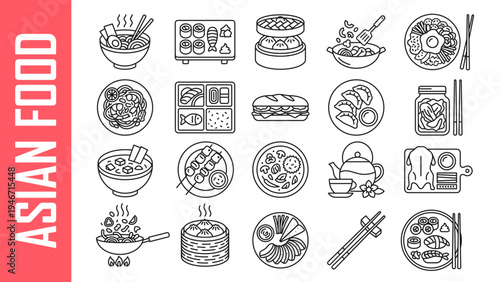 Asian food icon set. Vector outline illustrations of traditional Chinese, Japanese, Thai, and Vietnamese dishes: sushi, ramen, dim sum, wok, bento, and tea.