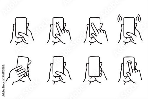 Mobile touchscreen interaction line icons featuring hand holding smartphone tap swipe press and signal gestures for UX UI design