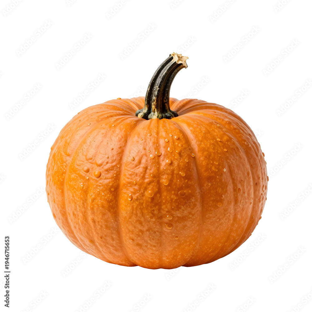 Obraz premium Fresh orange pumpkin with water droplets on a white background perfect for fall season