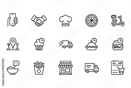 Restaurant food delivery line icons featuring smartphone ordering pizza burger fries scooter courier truck and takeaway service symbols