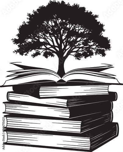 Silhouette of a majestic tree growing from an open book, stacked on a pile of other closed books, symbolizing knowledge and growth against a transparent background.