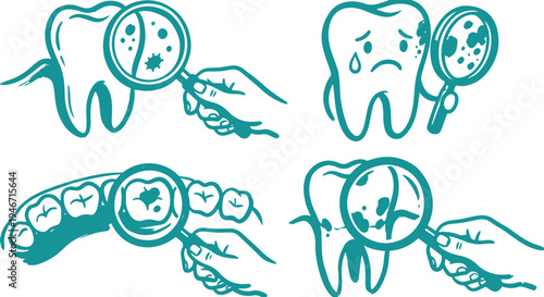 Hand Drawn Tooth Check Set Vector Illustration, Dental Examination Sketch Collection.